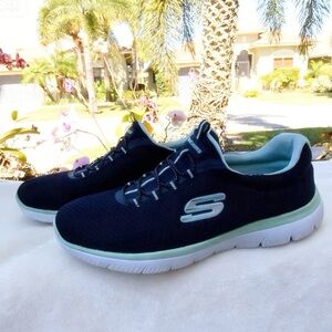 Skechers SUMMITS Women Navy Aqua Bungee Laced Slip-On Sneaker Shoes 12980NVAQ